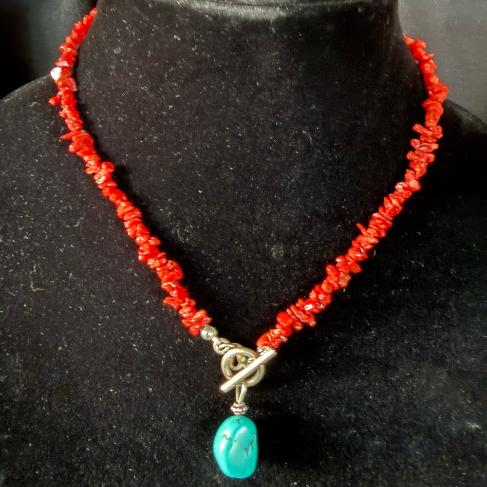 VTG Genuine Red Coral Necklace with Turquoise Pendant & Sterling Toggle Closure